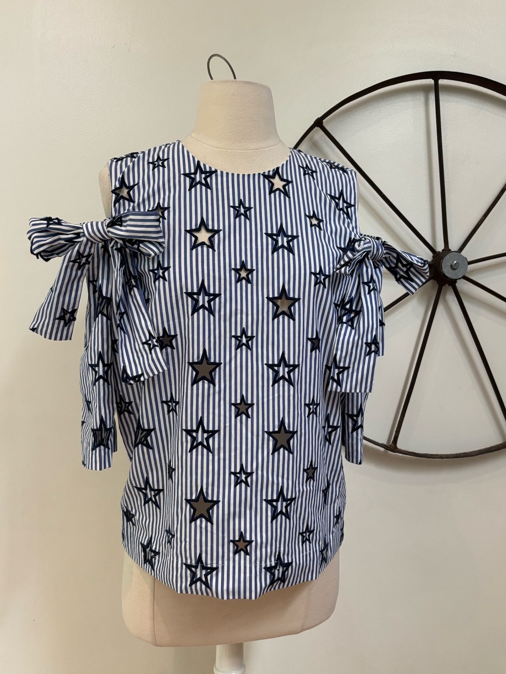 Sandro Paris Meline Stars and Stripes blue striped cut out bow detail blouse S